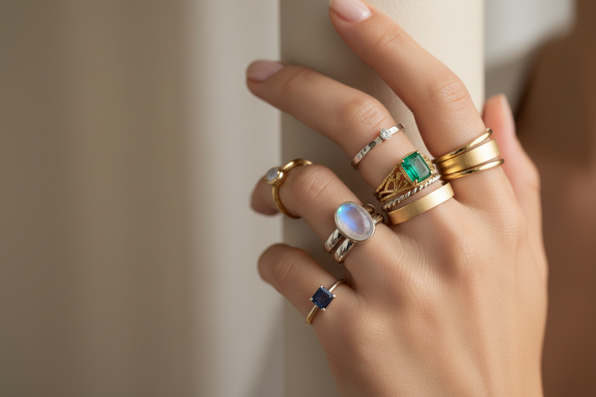 A hand wearing a ring on each finger, styled with sterling silver and gold rings from PureAurum&Co
