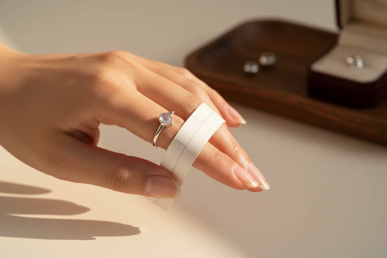 An editorial close-up of a hand measuring a ring size with a paper strip