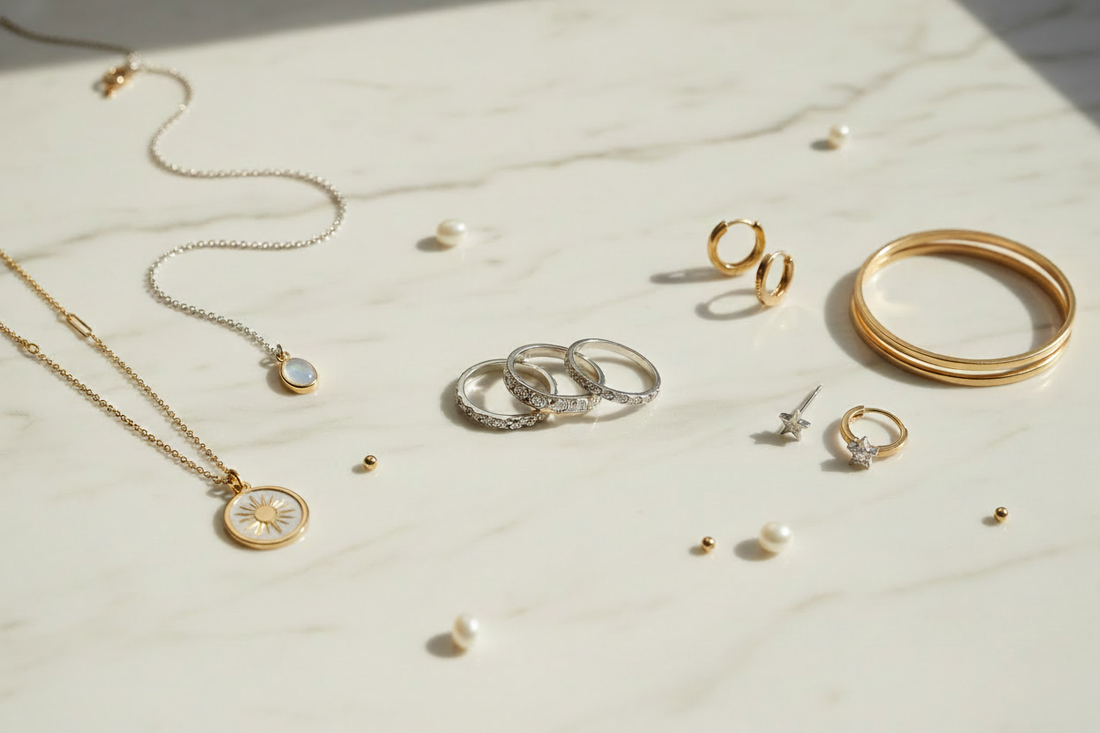 Elegant flat lay of sterling silver and gold jewelry pieces on a cream marble surface — Pure Aurum&Co brand philosophy