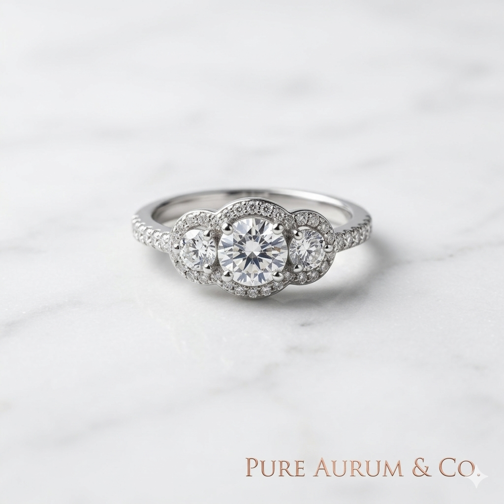 Three-Stone Halo CZ Engagement Ring — S925 Sterling Silver | Size 8