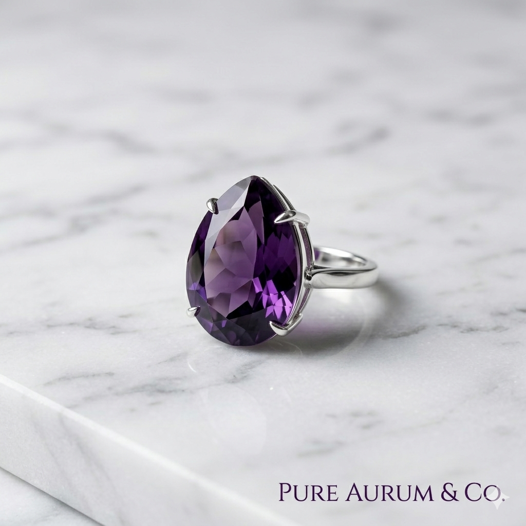 Anillo Solitario de Piedra Morada Talla Pera — Plata de Ley 925 | Talla 7