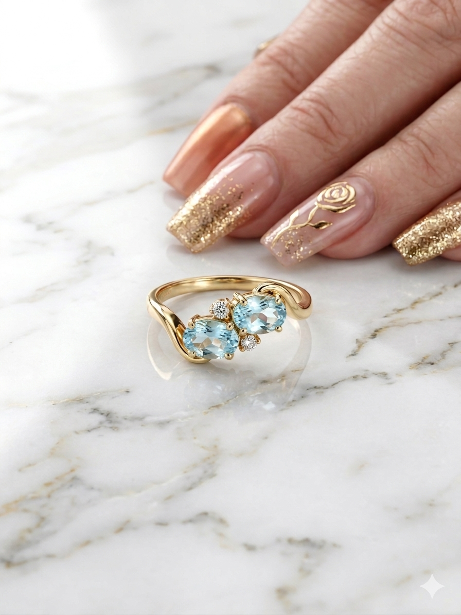 10k Gold Toi et Moi Aquamarine & CZ Bypass Ring