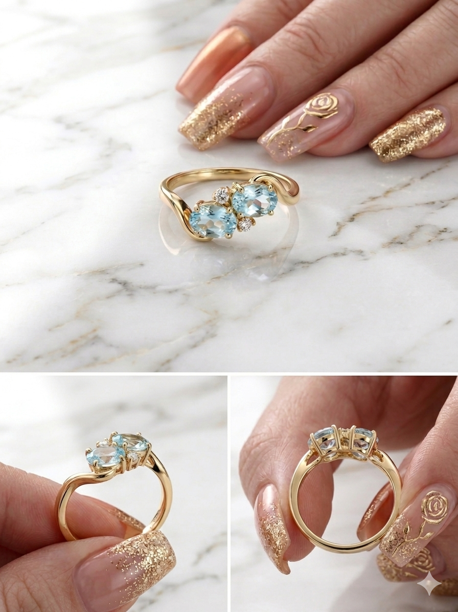 10k Gold Toi et Moi Aquamarine & CZ Bypass Ring