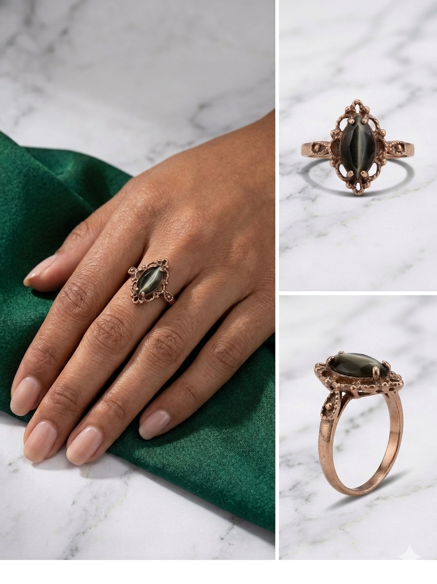 Vintage 10k Gold Hematite Cat's Eye Ring