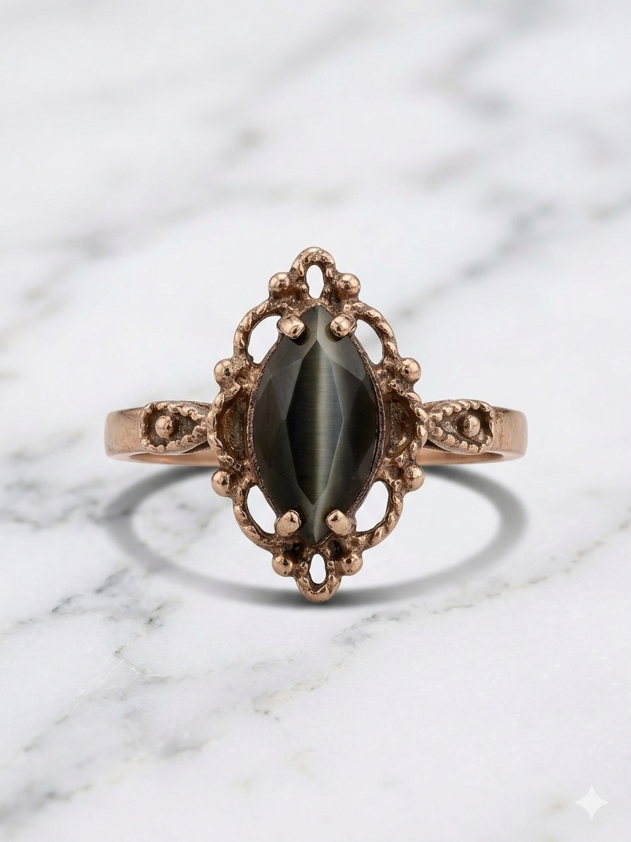 Vintage 10k Gold Hematite Cat's Eye Ring