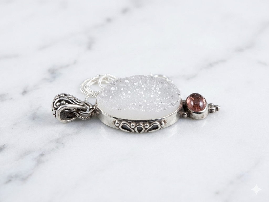Pendentif en filigrane de quartz druzy et grenat en argent sterling