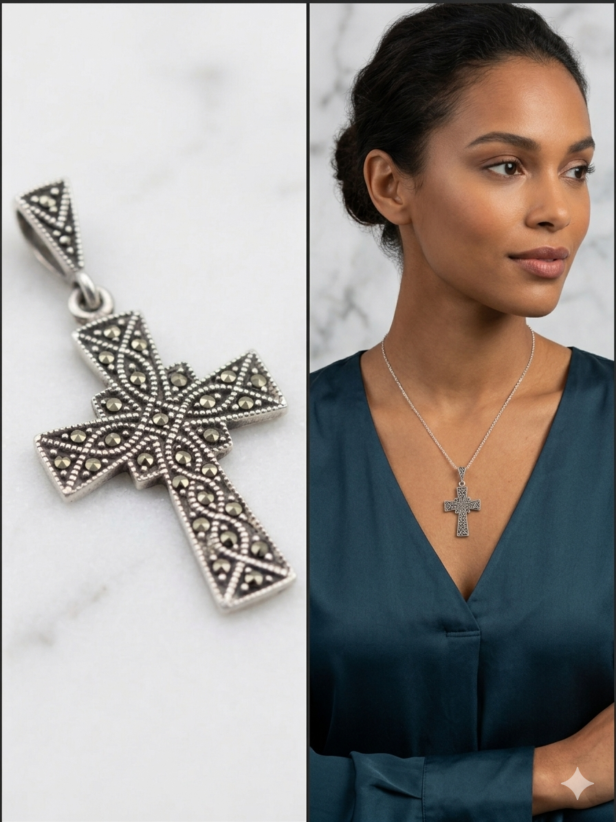 Pendentif croix en filigrane de marcassite en argent sterling