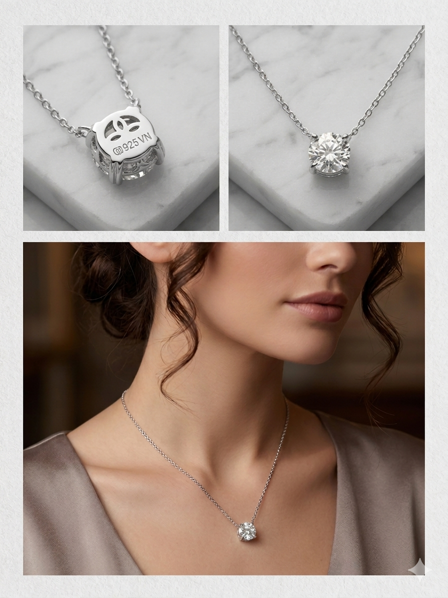 Collar de solitario de talla brillante en plata de ley