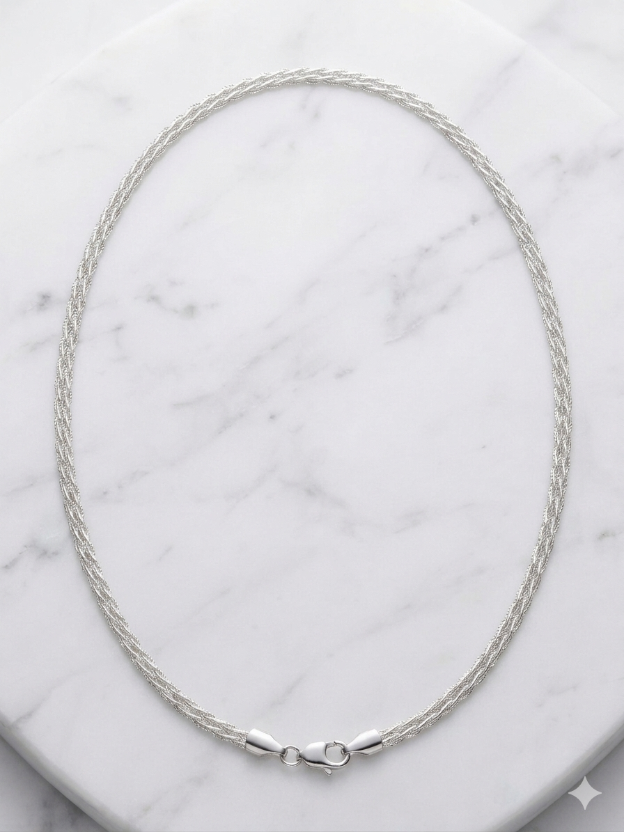 Collar de soga de plata de ley 925 de triple torsión