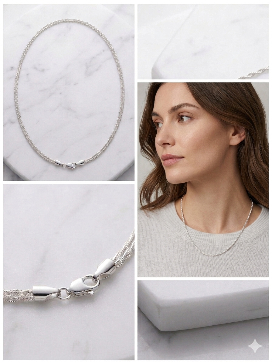 Collar de soga de plata de ley 925 de triple torsión