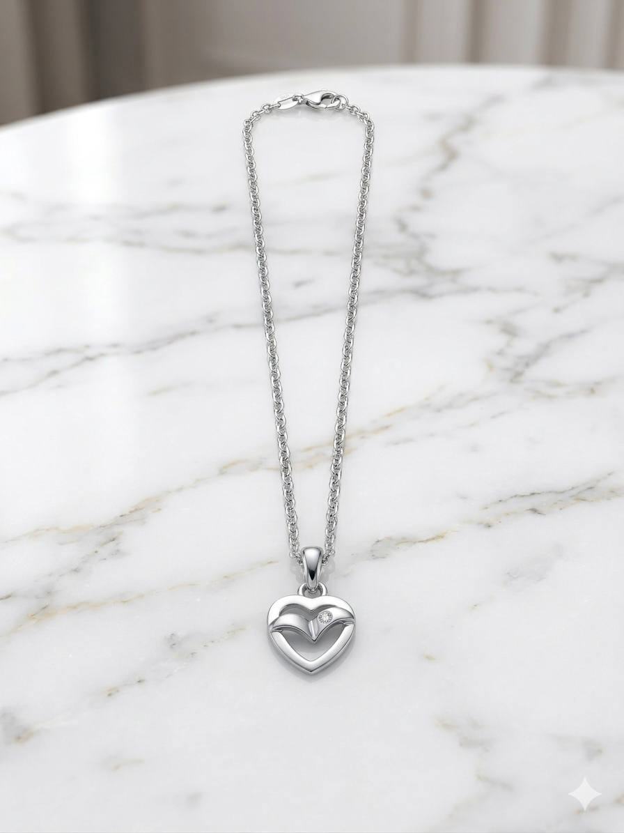 Sculpted Heart Pendant Necklace with Diamond Accent — Rhodium Plated Sterling Silver | 15"