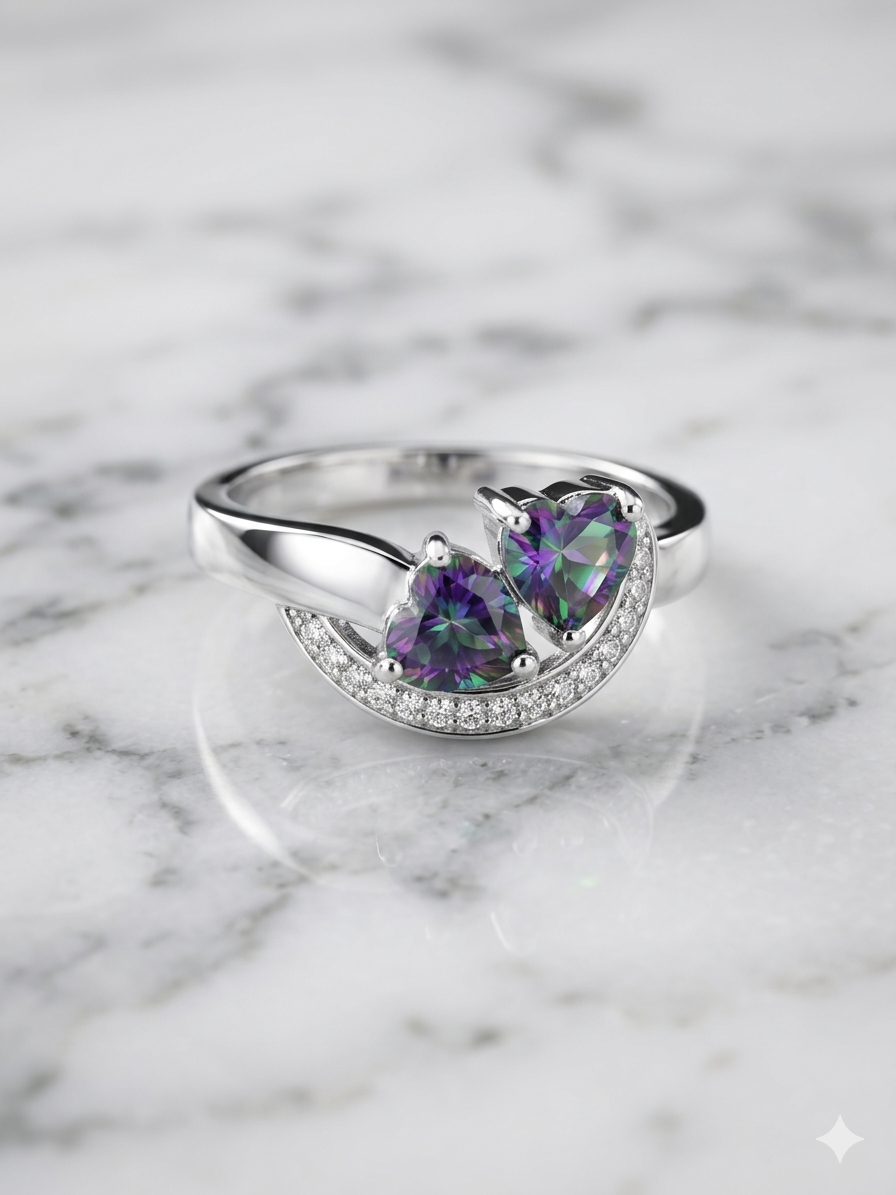 Mystic Topaz Dual Heart Moon Ring | 925 Sterling Silver