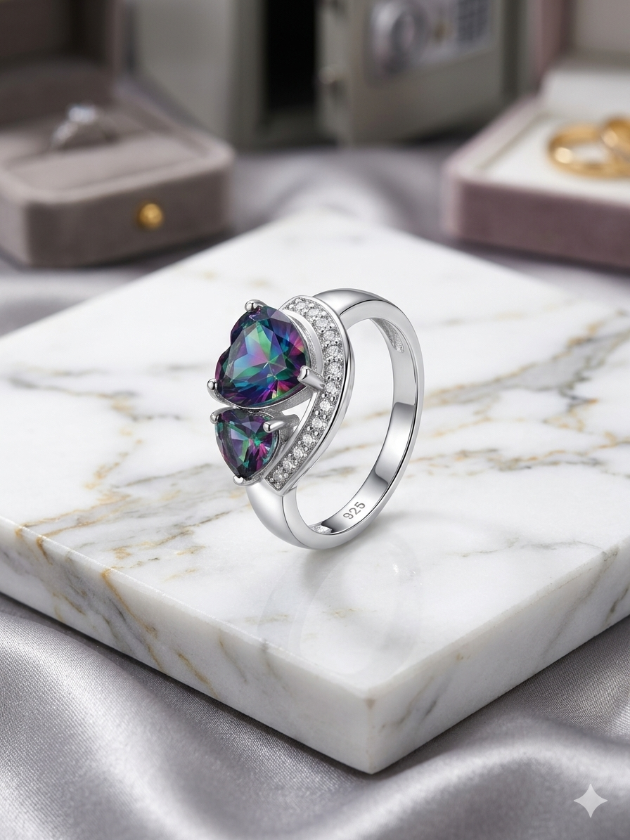 Mystic Topaz Dual Heart Moon Ring | 925 Sterling Silver