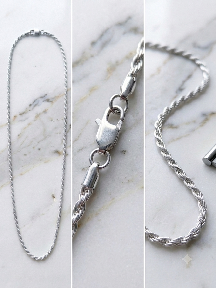 925 Sterling Silver Rope Chain Necklace 18"