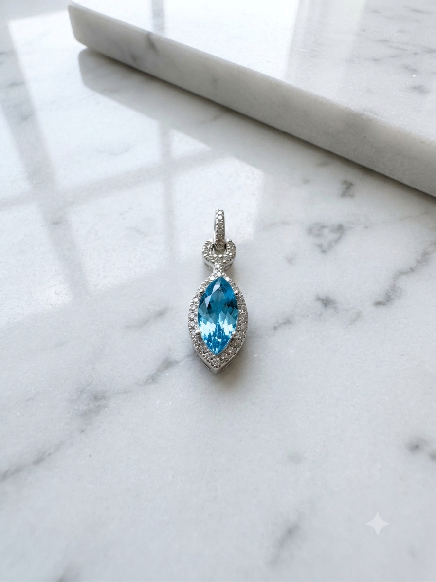 925 Sterling Silver Blue Topaz & CZ Marquise Halo Pendant