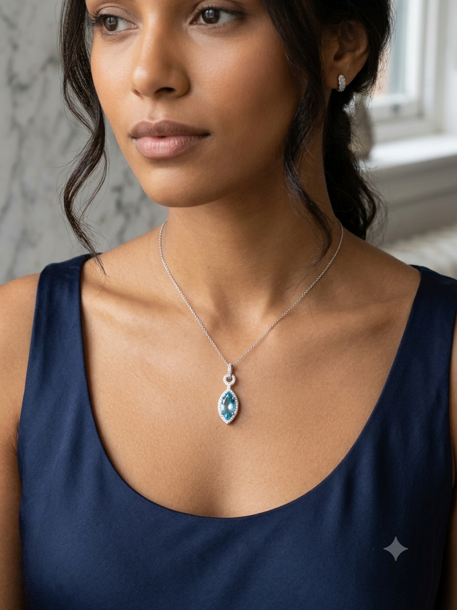 925 Sterling Silver Blue Topaz & CZ Marquise Halo Pendant