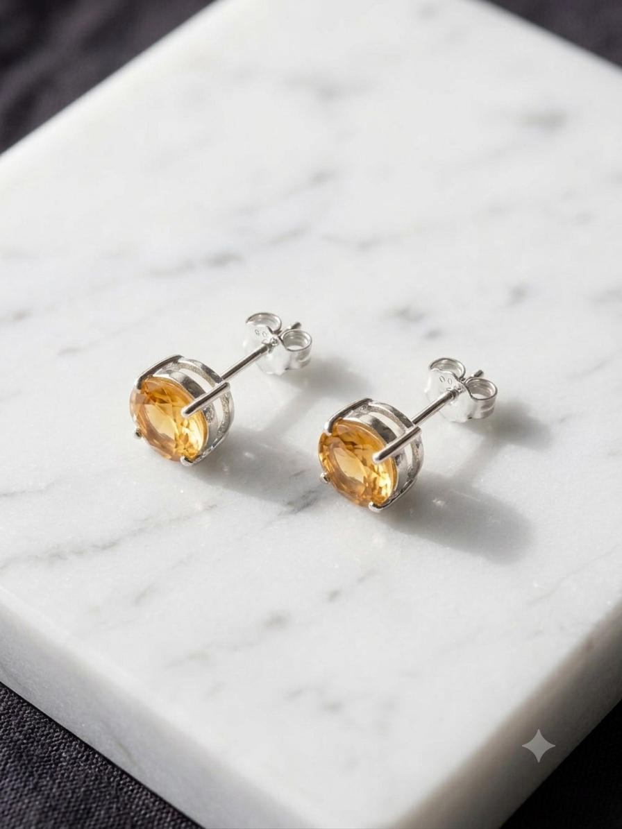 925 Sterling Silver Citrine Round Stud Earrings