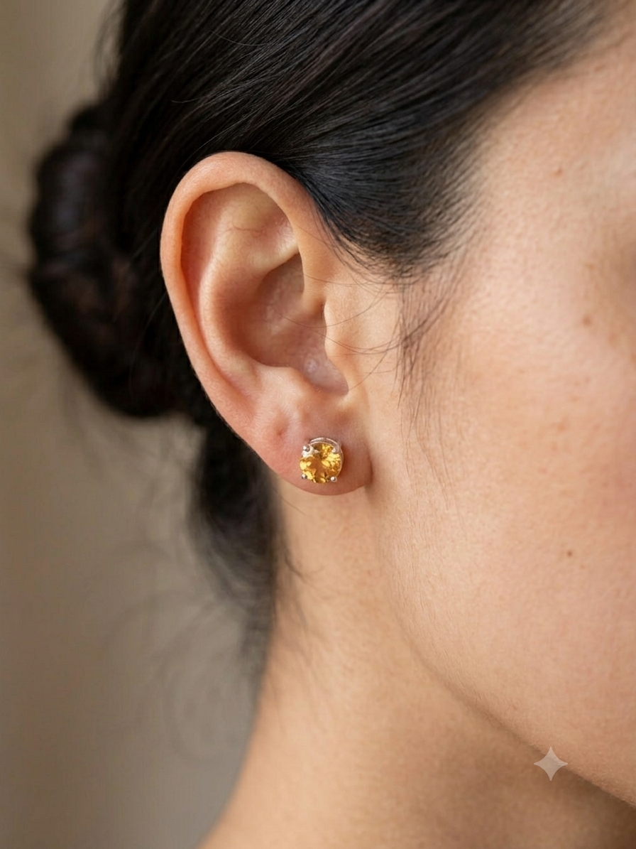 925 Sterling Silver Citrine Round Stud Earrings