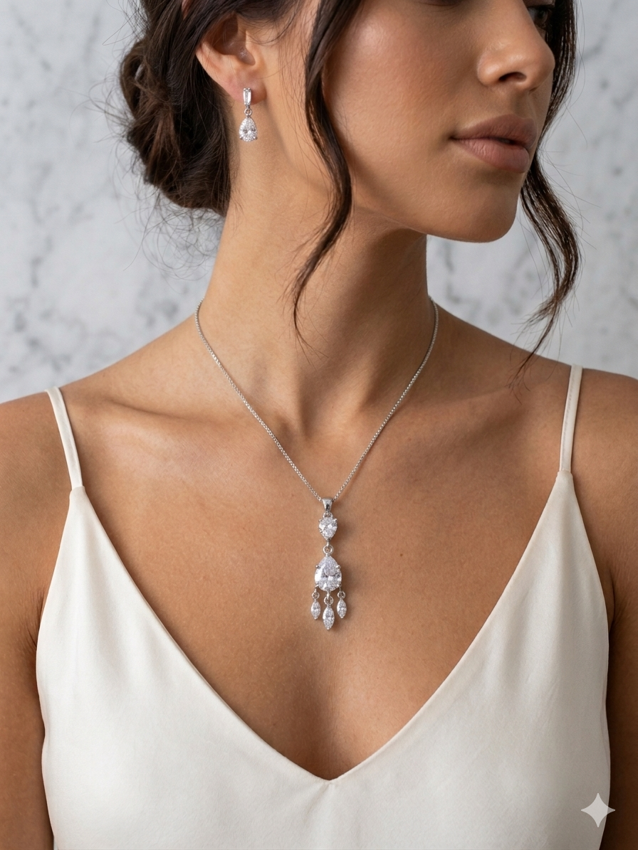 CZ Chandelier Necklace & Earring Set — 925 Sterling Silver