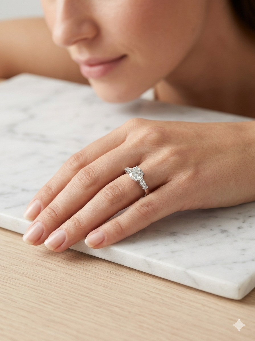 Round CZ Solitaire Ring with Baguette Shoulders — 925 Sterling Silver