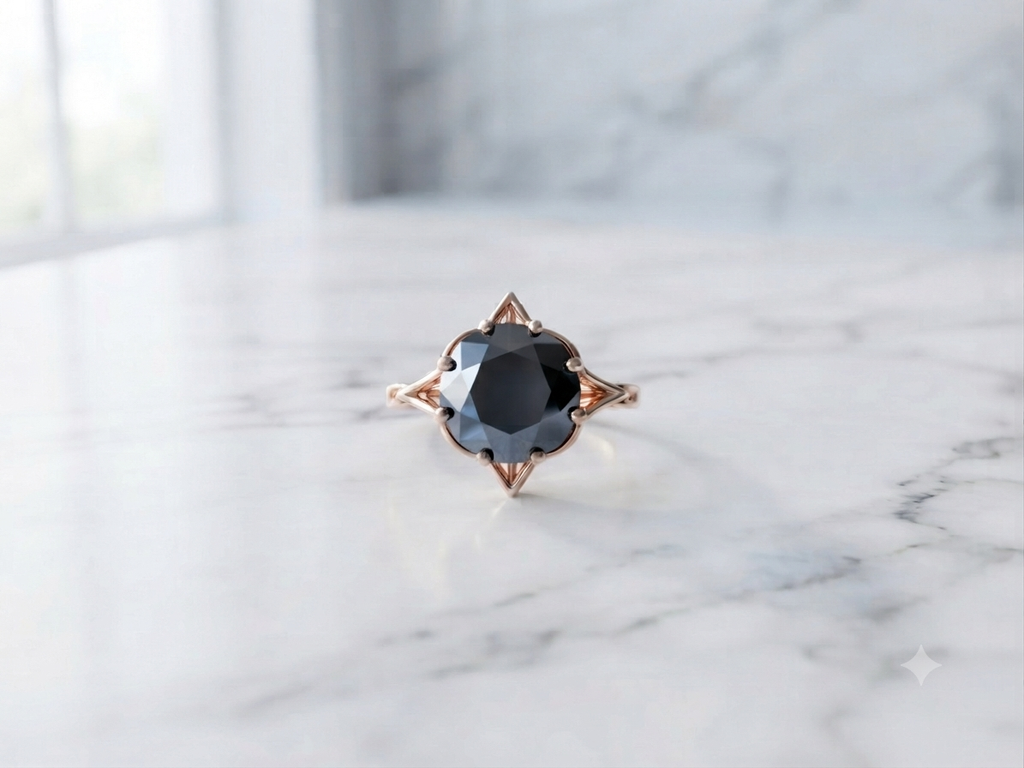 Vintage 10K Gold Hematite Star Prong Solitaire Ring