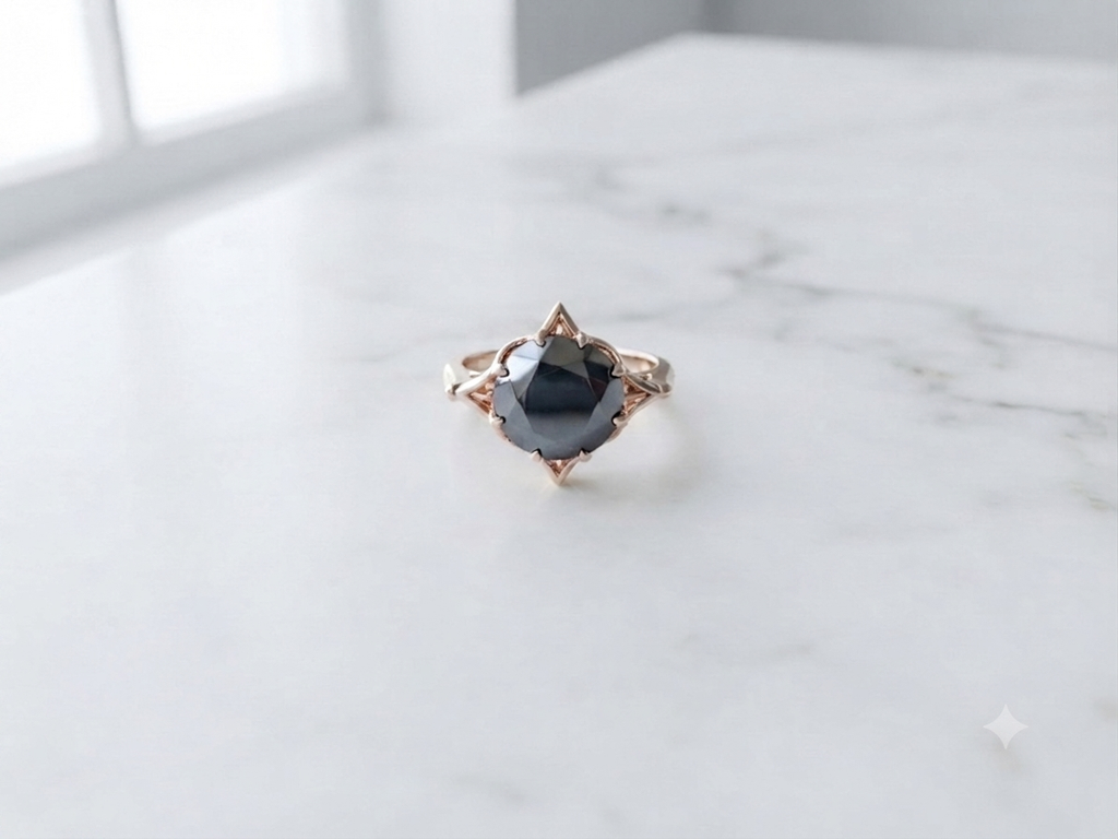Vintage 10K Gold Hematite Star Prong Solitaire Ring