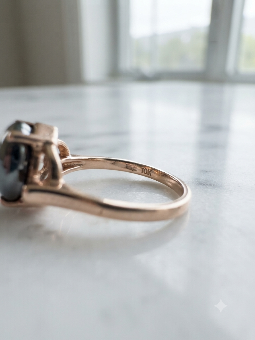 Vintage 10K Gold Hematite Star Prong Solitaire Ring