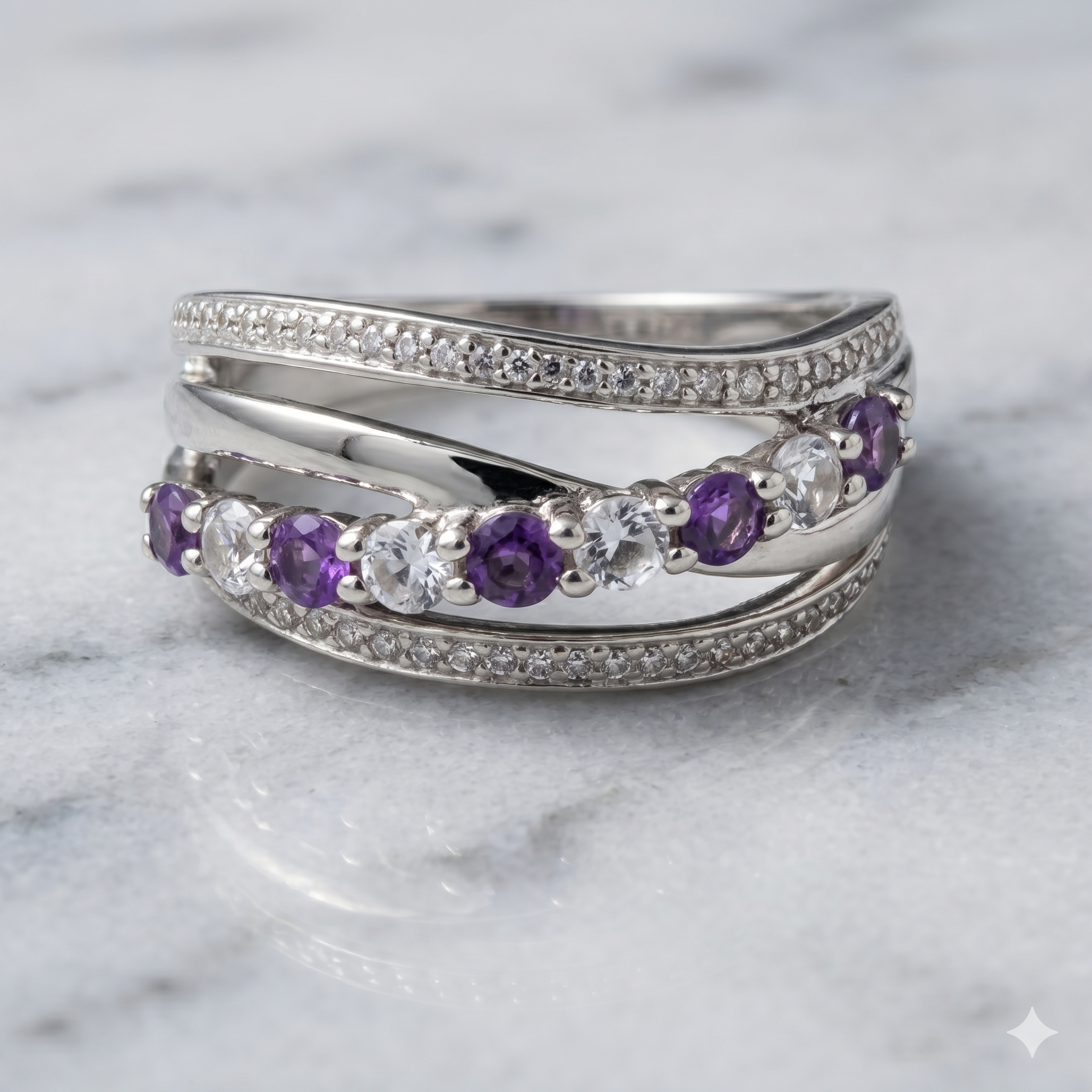 Michael Hill Amethyst & CZ Multi-Row Crossover Ring | 925 Sterling Silver