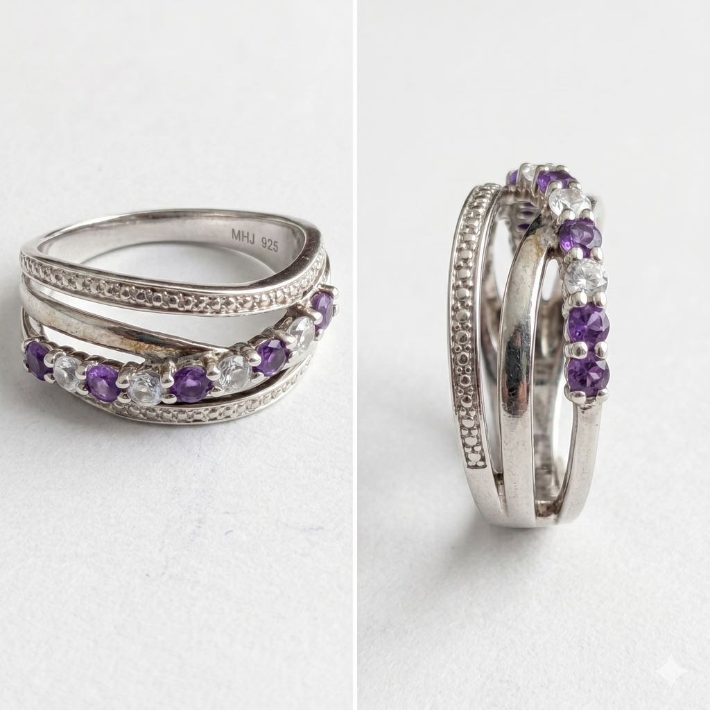 Michael Hill Amethyst & CZ Multi-Row Crossover Ring | 925 Sterling Silver