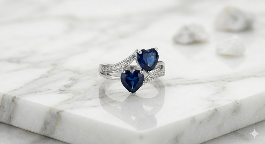 Blue CZ Dual Heart Bypass Ring | 925 Sterling Silver