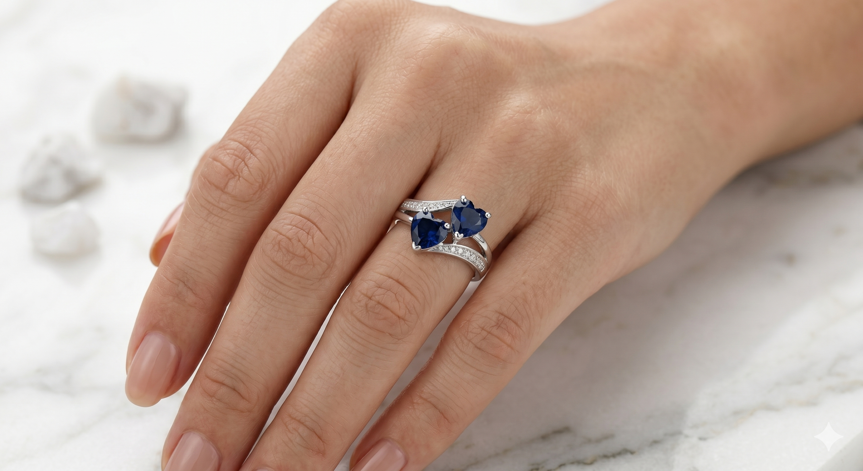 Blue CZ Dual Heart Bypass Ring | 925 Sterling Silver