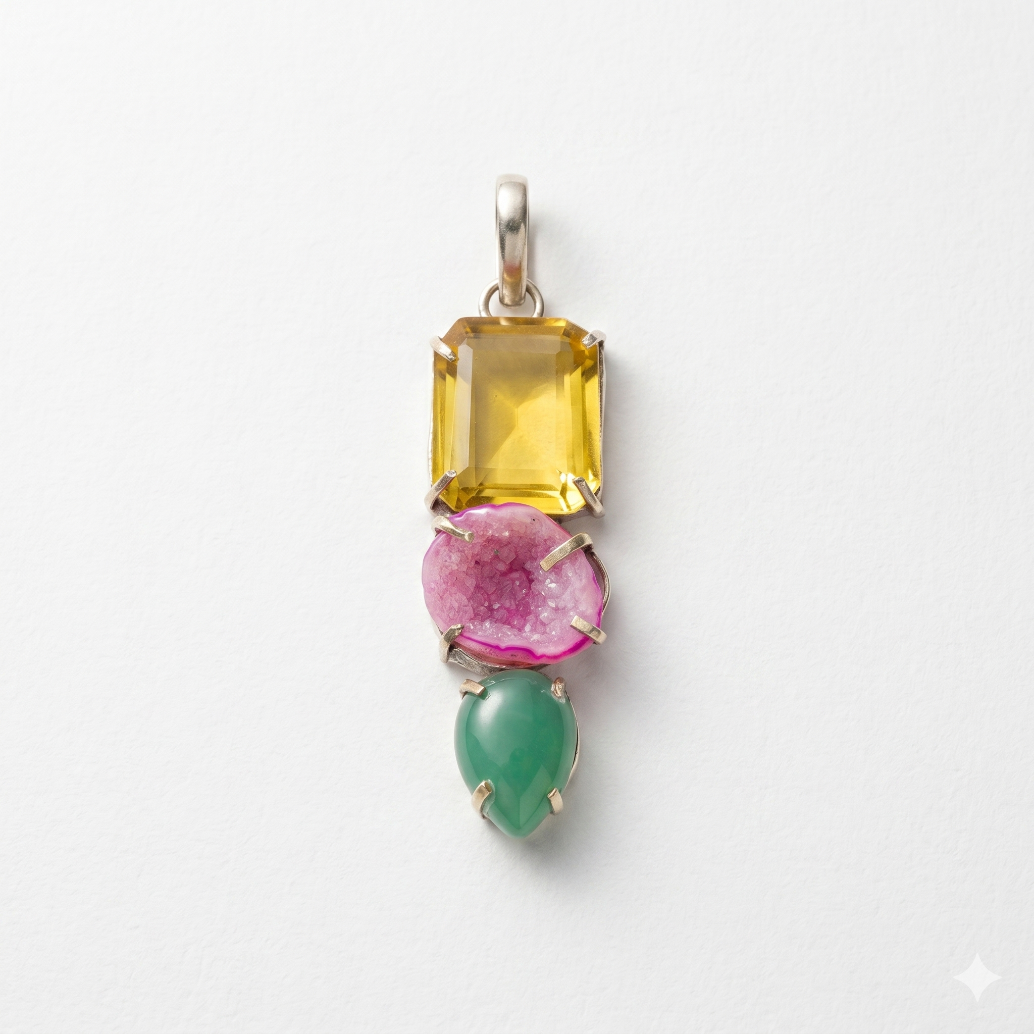 Colgante de triple piedra — Citrino, Drusa de ágata rosa y Aventurina verde en plata de ley 925