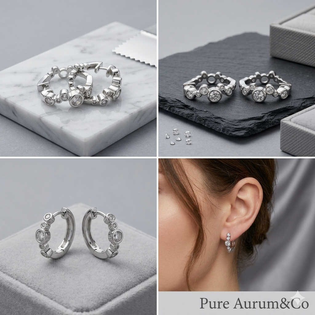 Boucles d'oreilles créoles Huggie en argent sterling avec oxydes de zirconium sertis clos