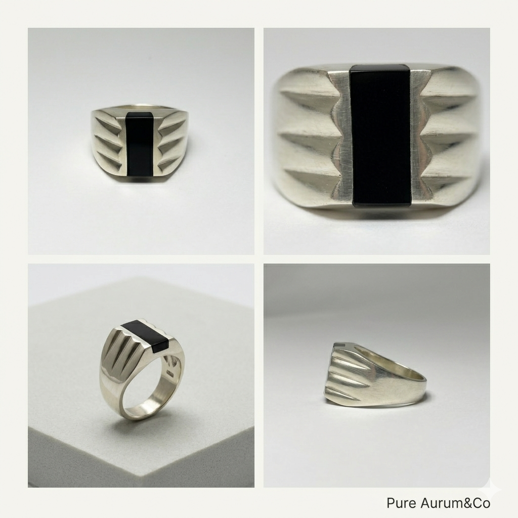 Mexican 950 Silver Black Onyx Geometric Signet Ring