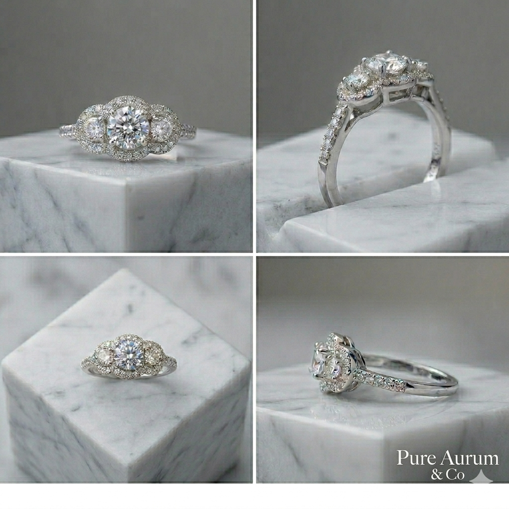Three-Stone Halo CZ Engagement Ring — S925 Sterling Silver | Size 8