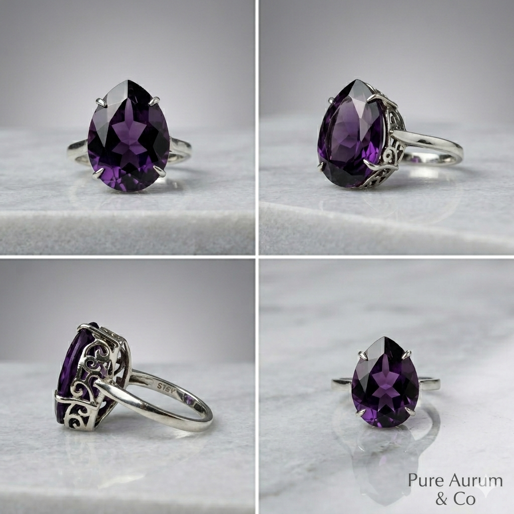 Anillo Solitario de Piedra Morada Talla Pera — Plata de Ley 925 | Talla 7