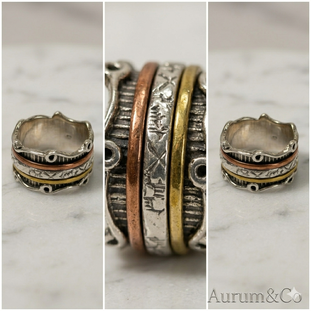 Anillo giratorio grabado tricolor con borde ondulado