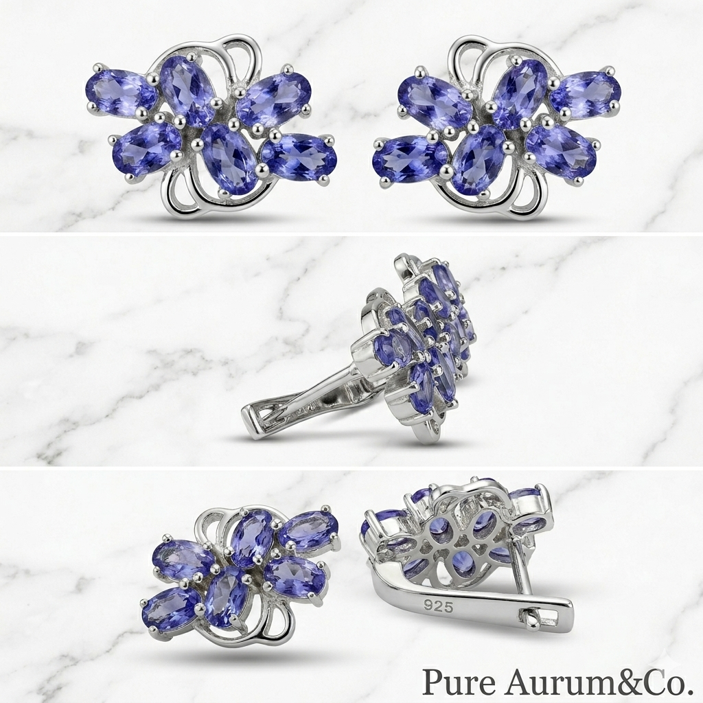 Boucles d'oreilles grappe de tanzanites en argent sterling 925