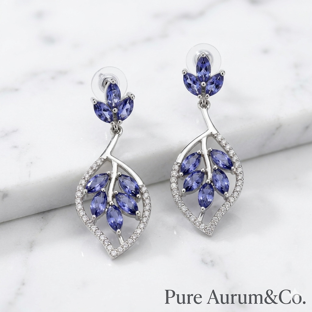 Boucles d'oreilles pendantes Feuille de tanzanite en argent sterling 925