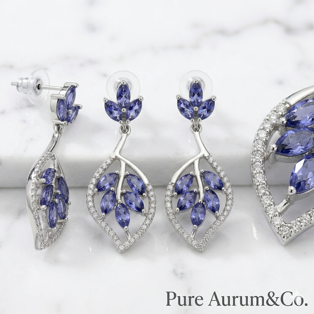 Boucles d'oreilles pendantes Feuille de tanzanite en argent sterling 925
