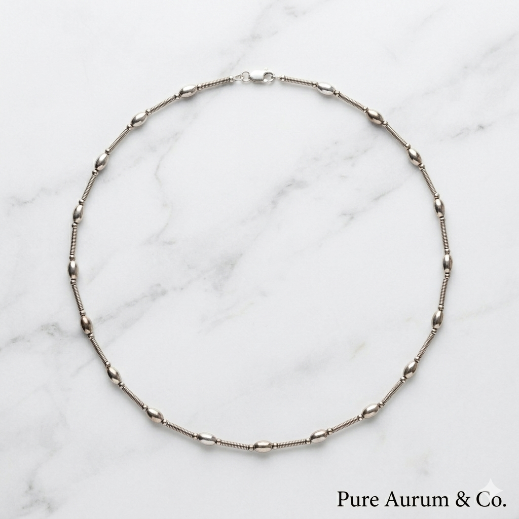 Collier chaîne en argent sterling 925 avec perles ovales et stations en spirale — 17 po