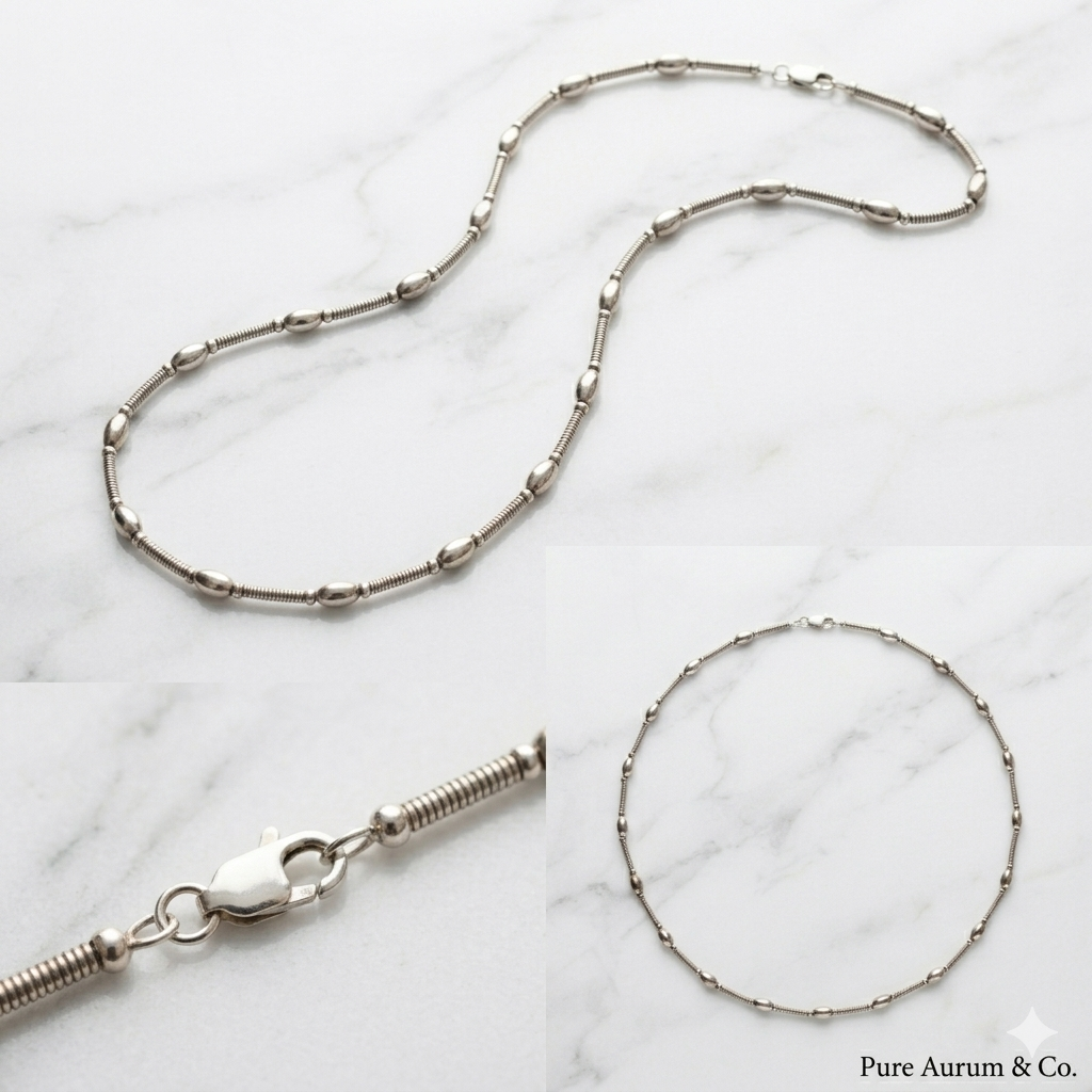 Cadena con cuentas ovaladas y estación en espiral de plata de ley 925 — 17"