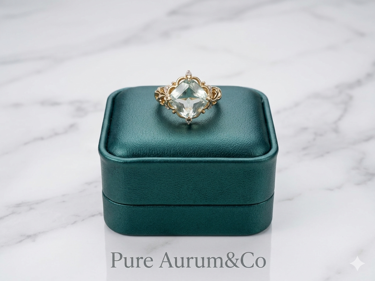 Anillo de filigrana de amatista verde en oro de 10k