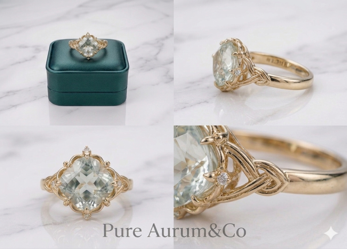 Anillo de filigrana de amatista verde en oro de 10k