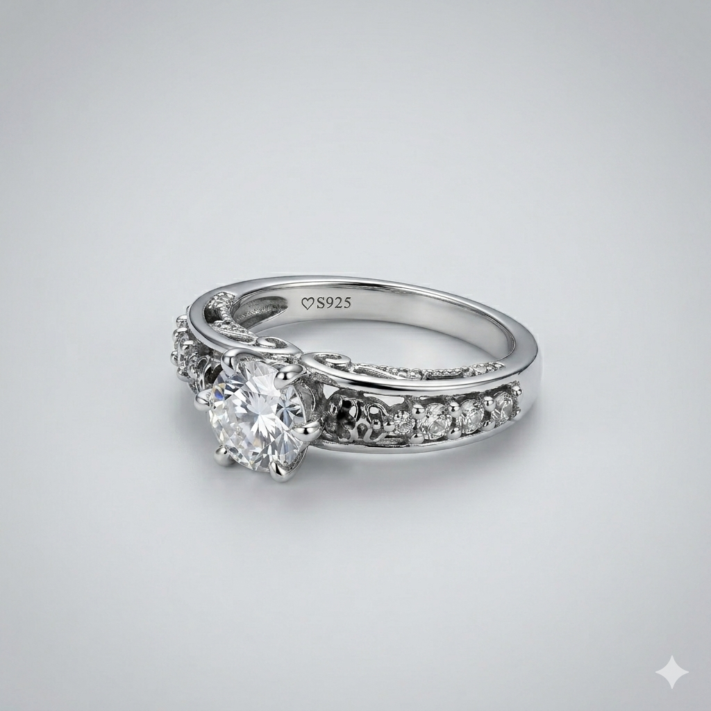 Anillo de plata esterlina con circonitas y filigrana