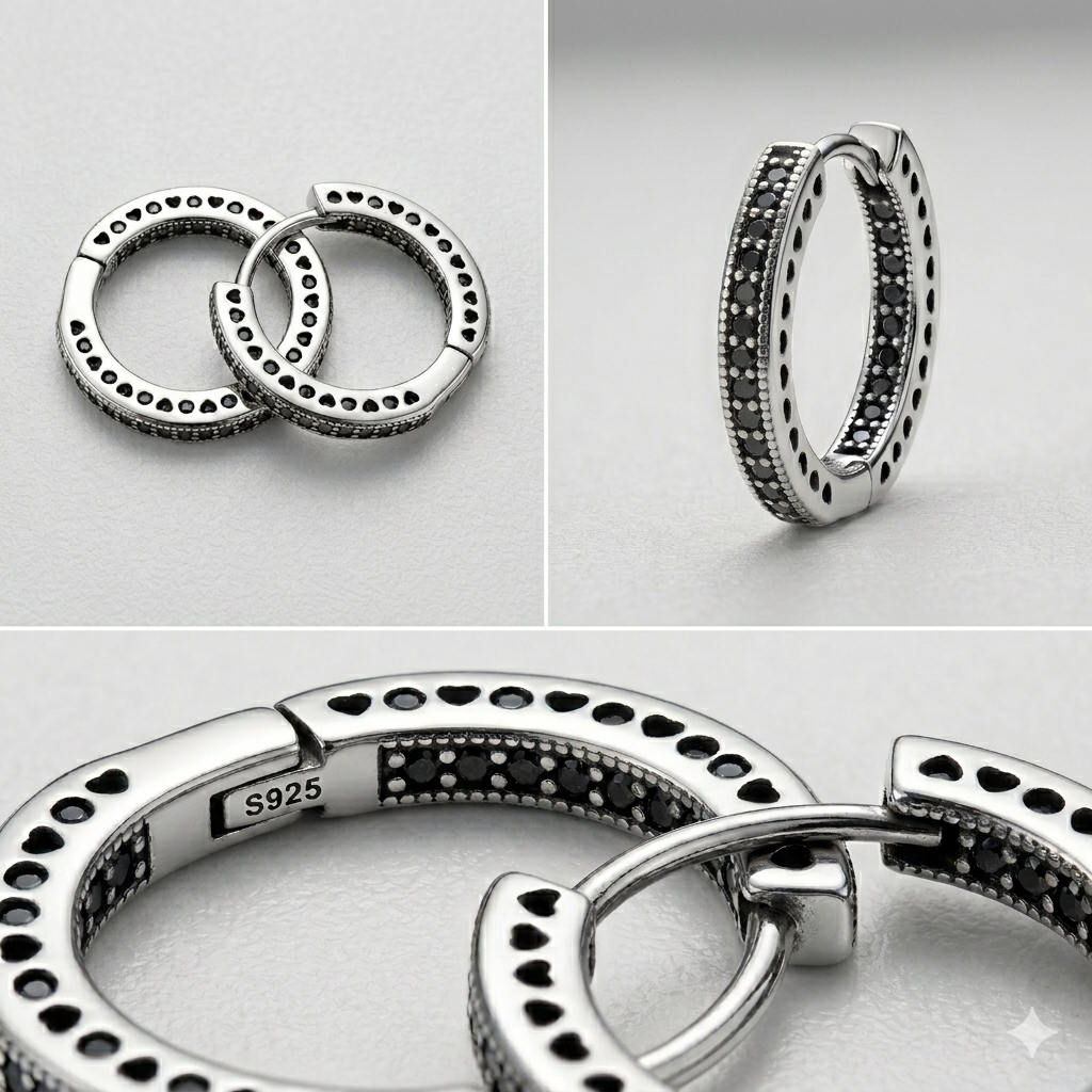Boucles d'oreilles créoles pavées en moissanite noire en argent sterling