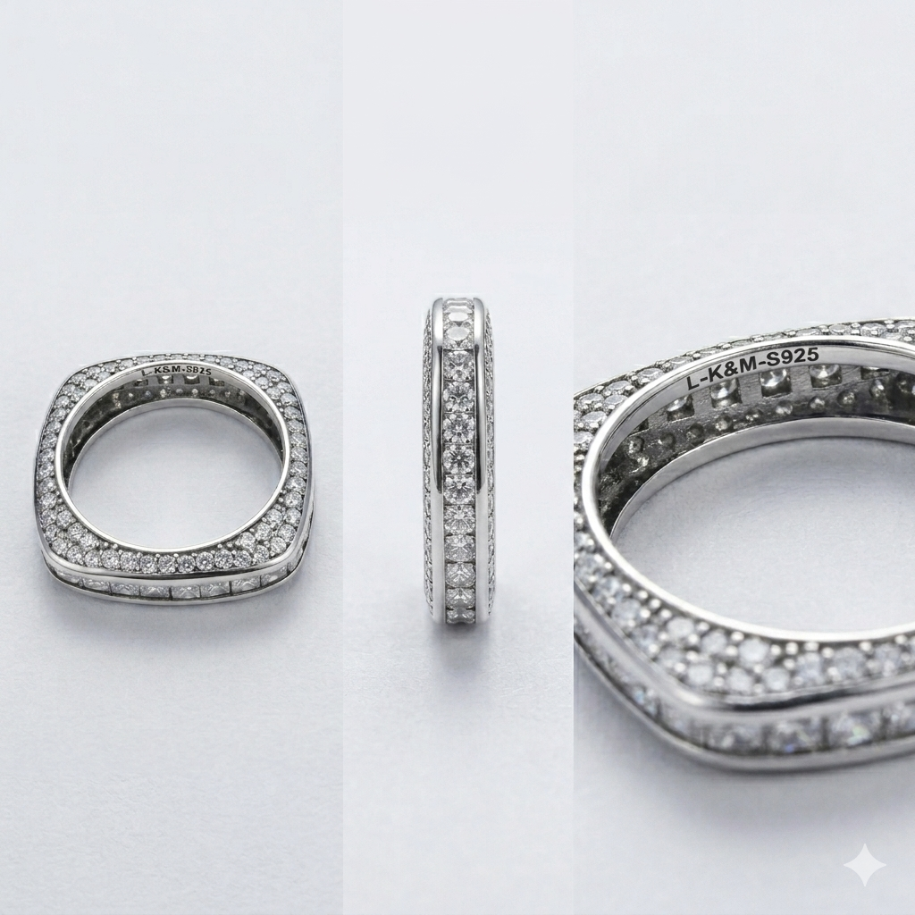 Anillo de banda con circonita cúbica en forma de cojín, "iced out", de plata esterlina