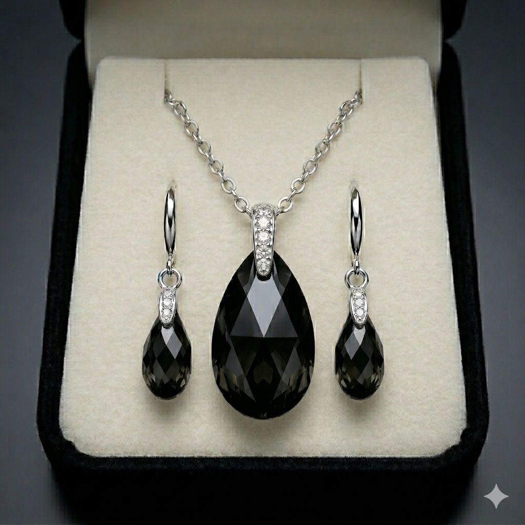 Collar y aretes con cristales negros ahumados en forma de lágrima Swarovski en plata de ley