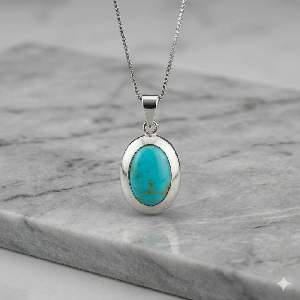 Pendentif cabochon ovale en véritable turquoise en argent sterling 925