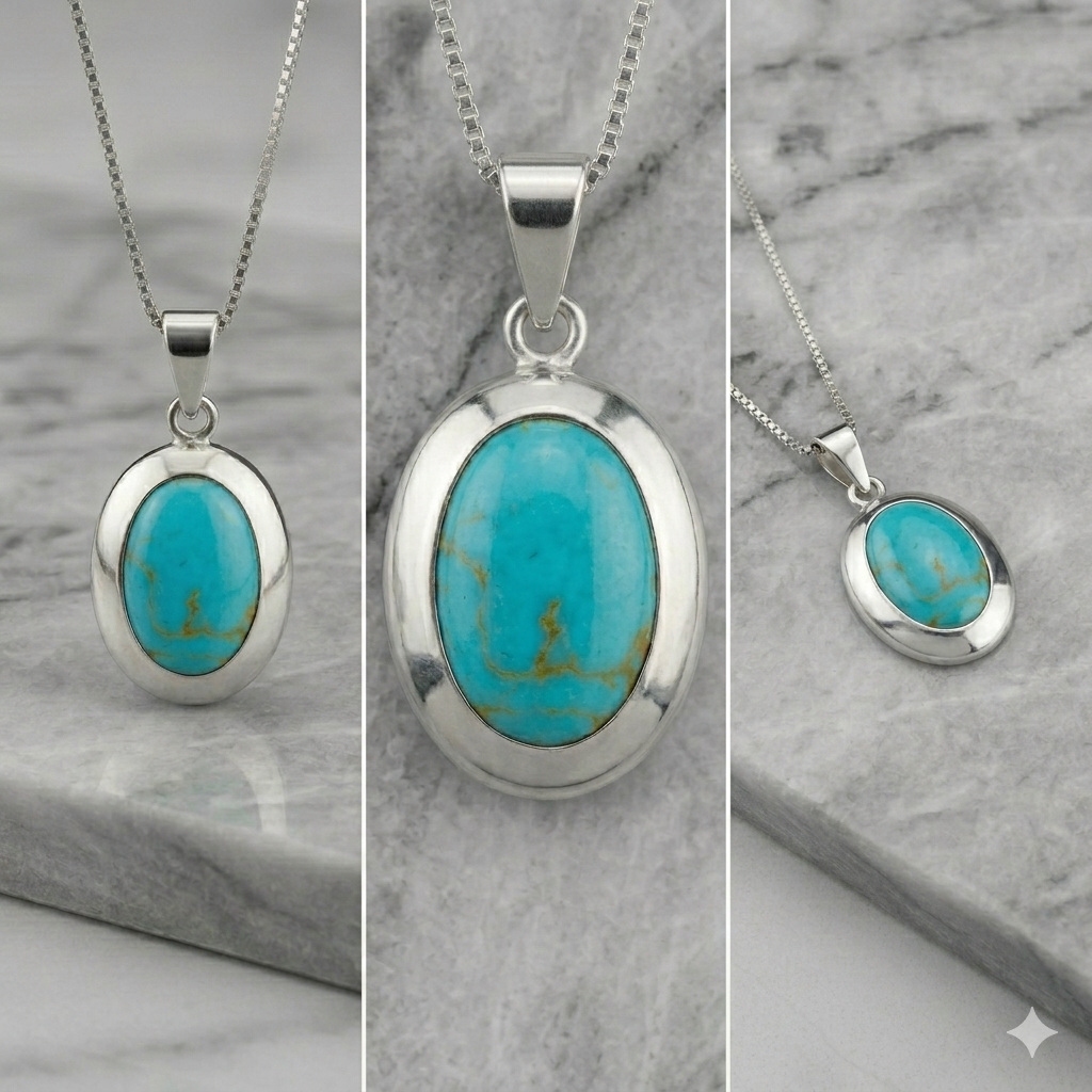 Pendentif cabochon ovale en véritable turquoise en argent sterling 925